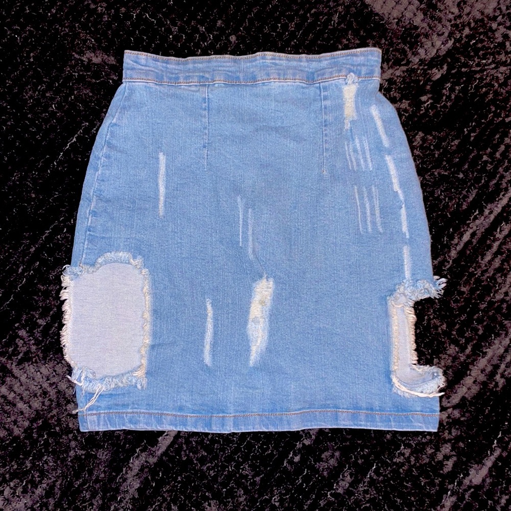 PrettyLittleThing Blue Jean Denim Distress Skirt, Zip-Up in back